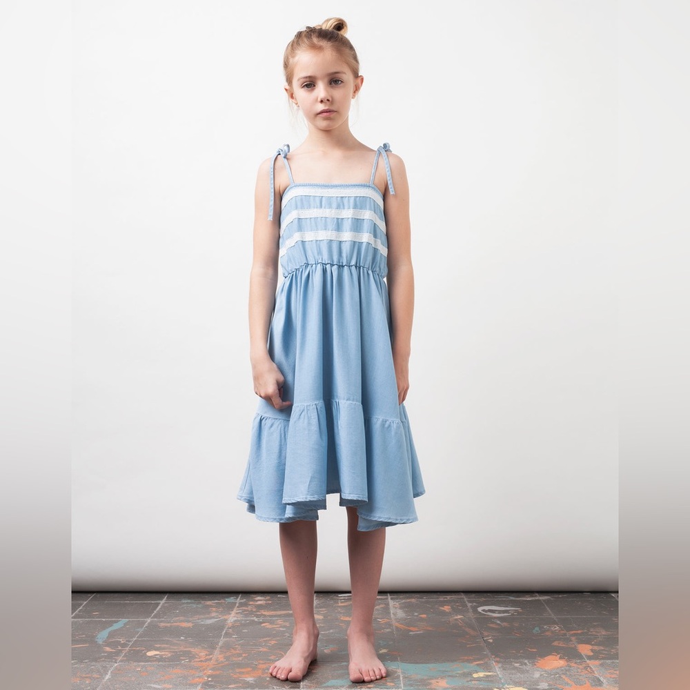 Tocoto Vintage Chambray and Lace Midi Girls Dress in Blue | size 2Y